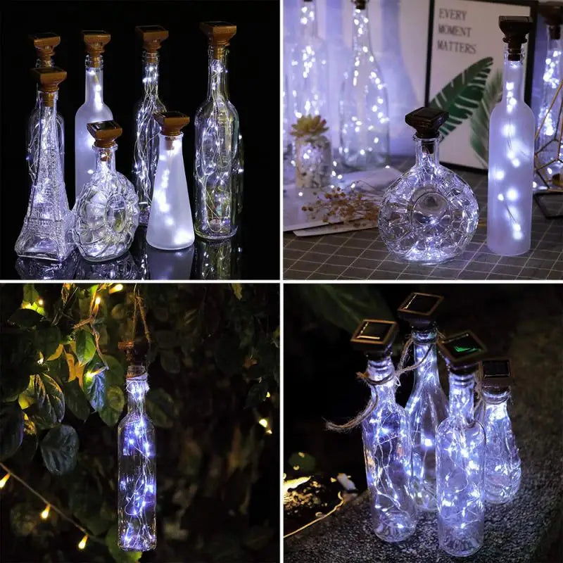 Cortiça de energia solar em forma de LED Night Fairy Fio de cobre Luzes de corda Garrafa de vinho Lâmpada de luz Casamento Decoração de festa de Natal Garrafas 