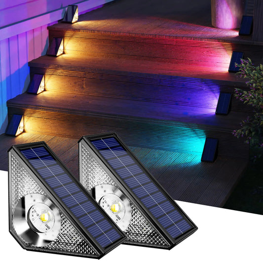 Luces de cubierta con energía solar LED RGB blanco cálido luces de paso para exteriores para jardín, patio, escaleras, patio, porche, lámpara de decoración impermeable 