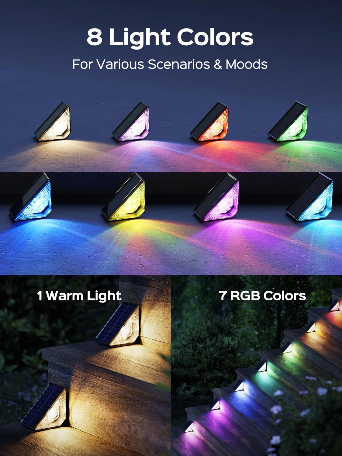 Luces de cubierta con energía solar LED RGB blanco cálido luces de paso para exteriores para jardín, patio, escaleras, patio, porche, lámpara de decoración impermeable 