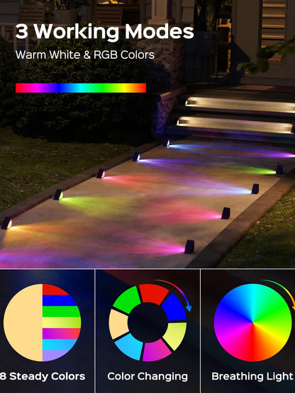 Luces de cubierta con energía solar LED RGB blanco cálido luces de paso para exteriores para jardín, patio, escaleras, patio, porche, lámpara de decoración impermeable 