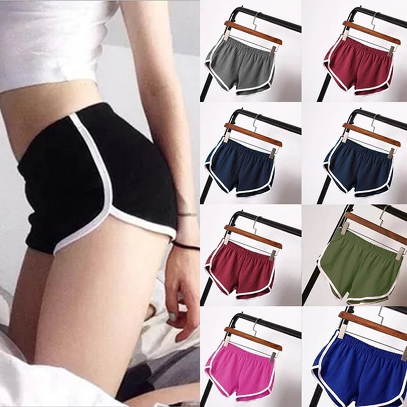 Shorts esportivos femininos verão 2024 nova cor doce anti esvaziado skinny shorts casual senhora cintura elástica praia correndo calças curtas 