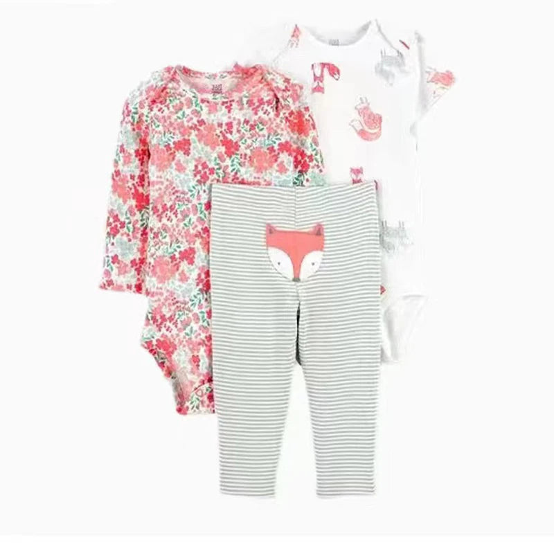 Spring Baby Girls Clothes Sets Cotton Fashion Flower Infant Outfits Sleeved Bodysuit 3Pcs Kids Toddler Children Overalls 6-24M Leedoar