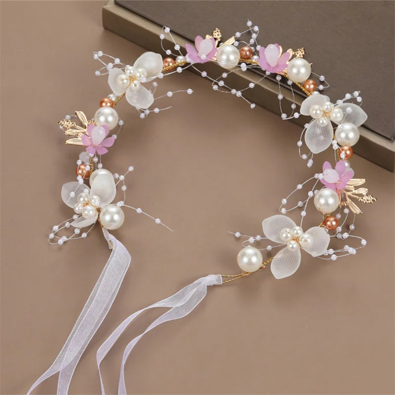 Primavera Bohemian Meninas Noiva Pérola Cabelo Cocar Coroa de Flores Noiva Guirlanda Cabeça Hoop Headbands Cabelo Jóias Presentes para Crianças 