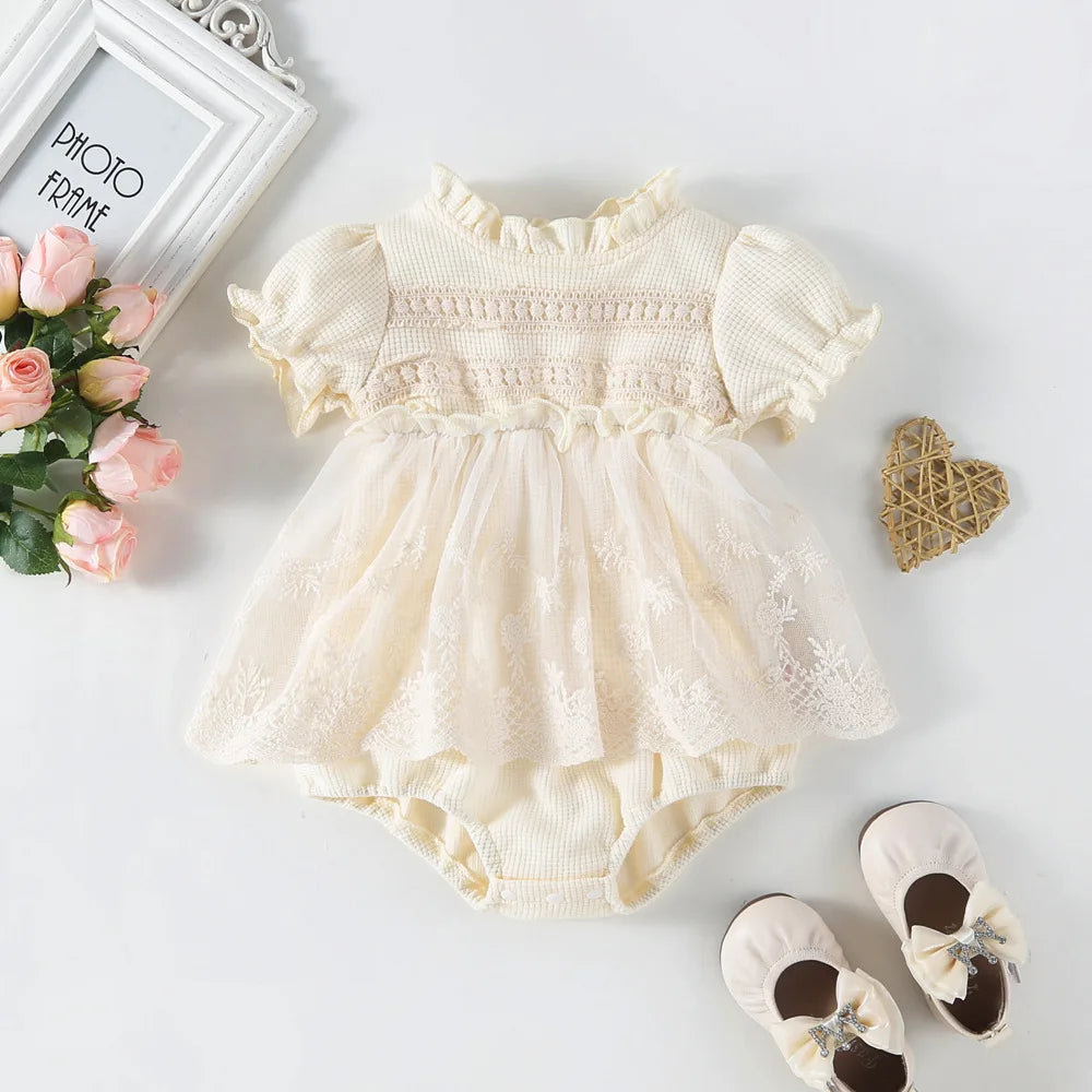 Spring Summer Solid Princess Baby Girl Tutu Skirt Style Bodysuit Toddler Infant Waffle One Piece Lace Party Outfit Play Suit Leedoar