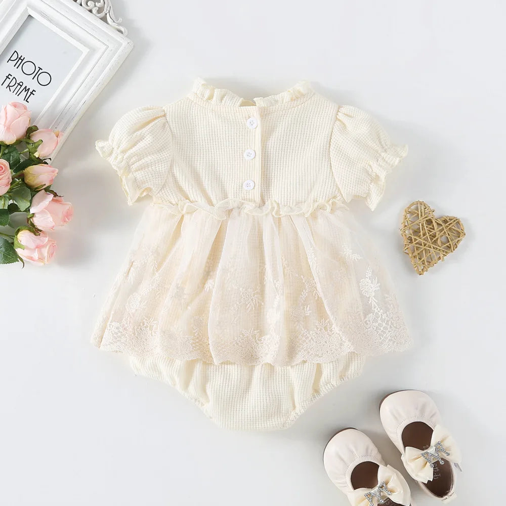 Spring Summer Solid Princess Baby Girl Tutu Skirt Style Bodysuit Toddler Infant Waffle One Piece Lace Party Outfit Play Suit Leedoar