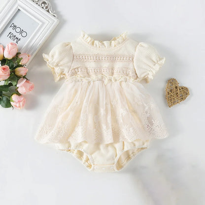 Spring Summer Solid Princess Baby Girl Tutu Skirt Style Bodysuit Toddler Infant Waffle One Piece Lace Party Outfit Play Suit Leedoar