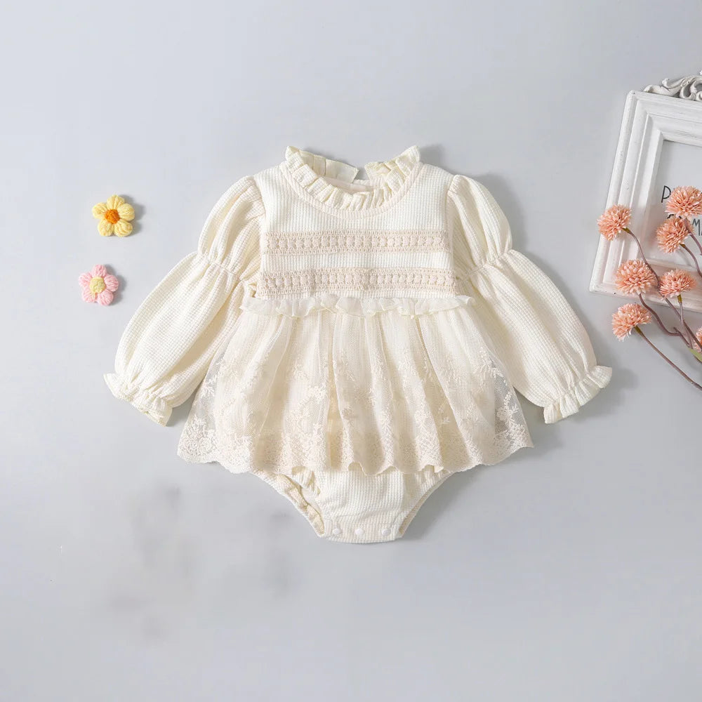 Spring Summer Solid Princess Baby Girl Tutu Skirt Style Bodysuit Toddler Infant Waffle One Piece Lace Party Outfit Play Suit Leedoar