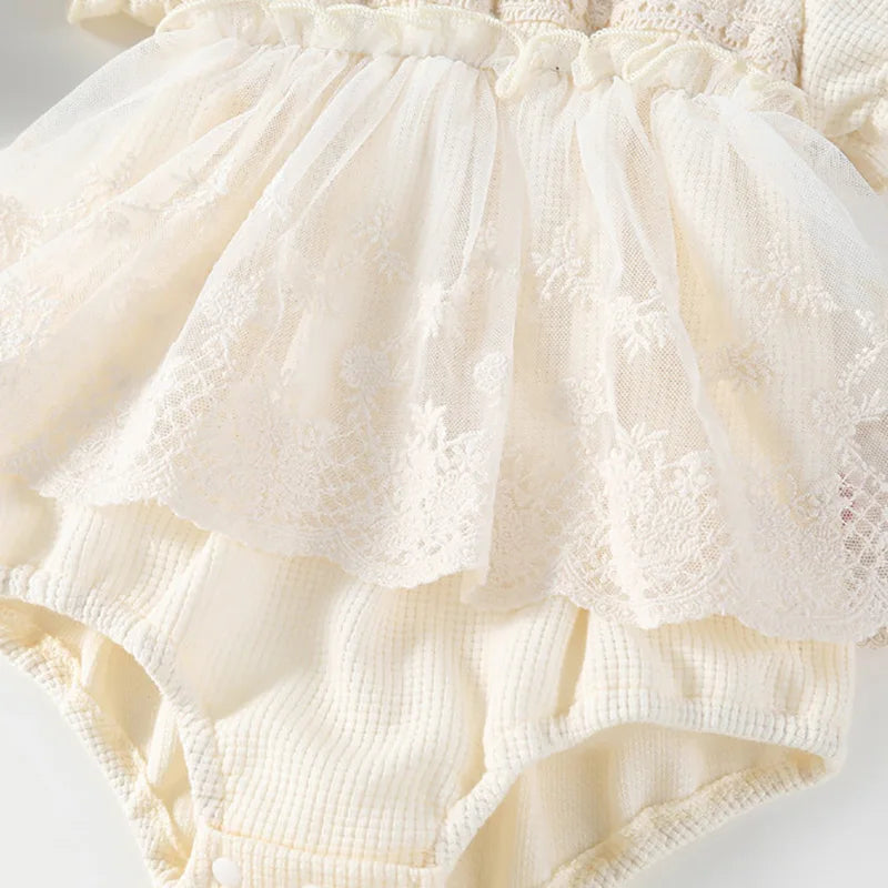 Spring Summer Solid Princess Baby Girl Tutu Skirt Style Bodysuit Toddler Infant Waffle One Piece Lace Party Outfit Play Suit Leedoar