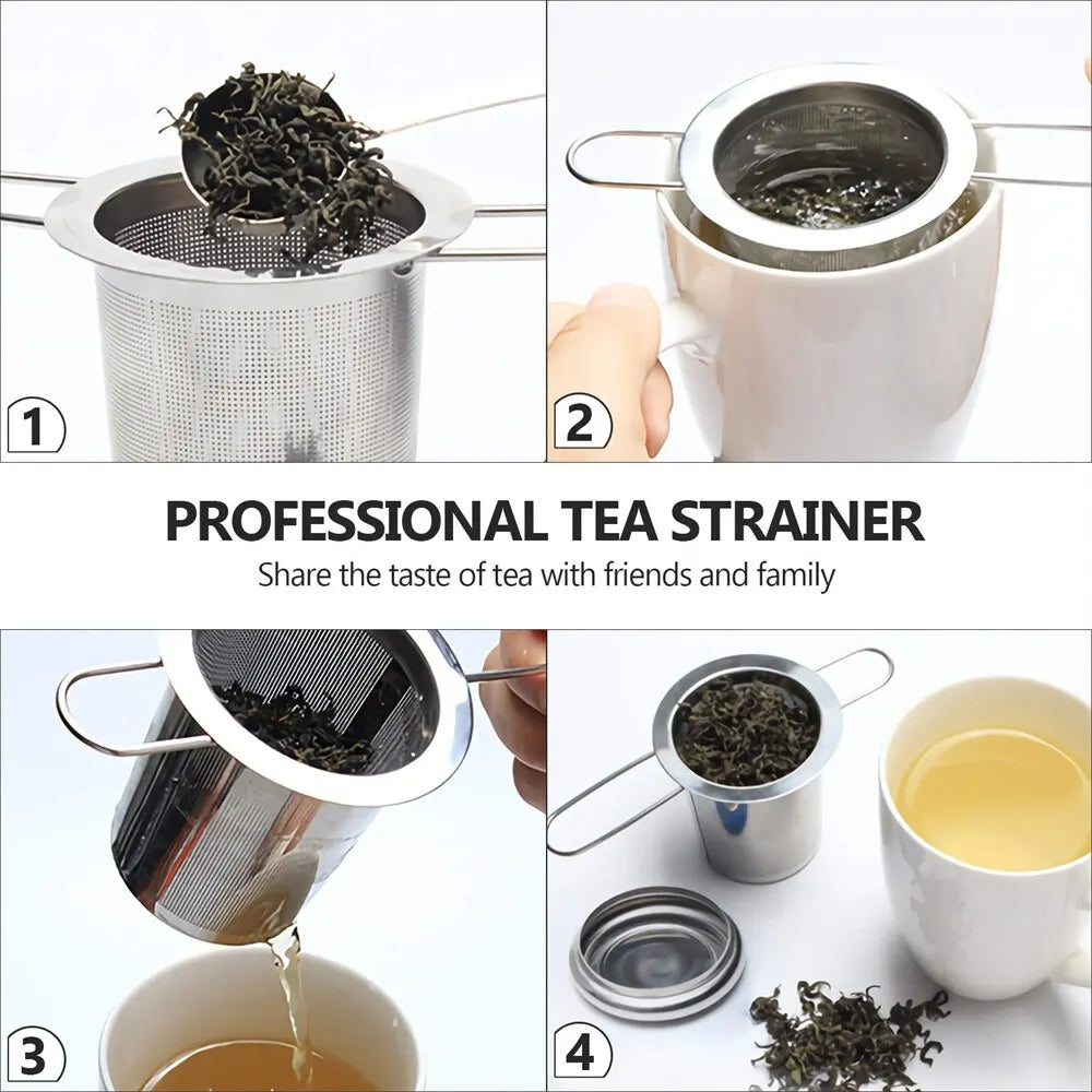 Infusor de té de malla de acero inoxidable con tapa, colador de taza reutilizable, filtro de hojas sueltas para especias, teteras, tazas, taza para preparar té y café 