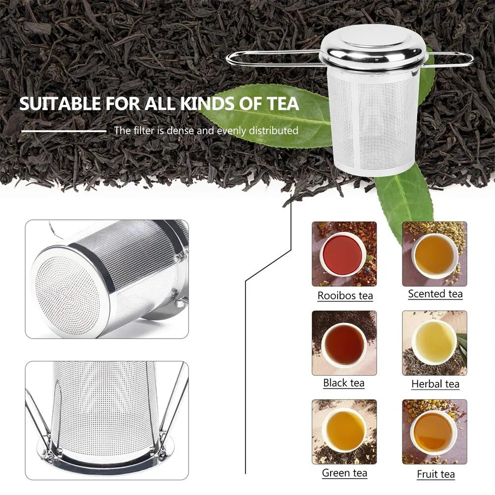 Infusor de té de malla de acero inoxidable con tapa, colador de taza reutilizable, filtro de hojas sueltas para especias, teteras, tazas, taza para preparar té y café 