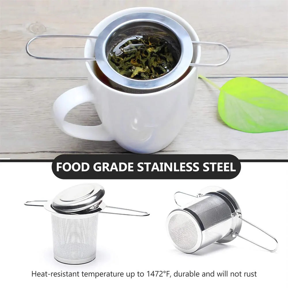 Infusor de té de malla de acero inoxidable con tapa, colador de taza reutilizable, filtro de hojas sueltas para especias, teteras, tazas, taza para preparar té y café 