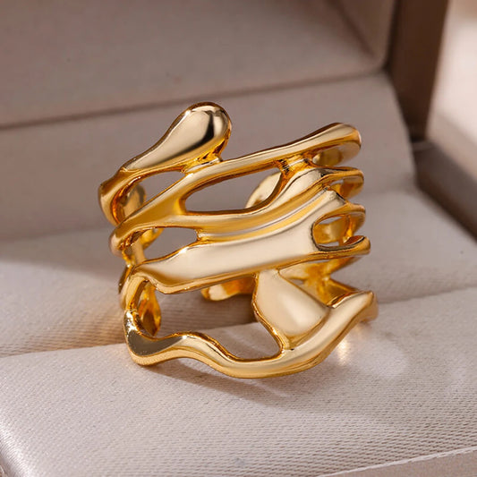 Anillos de acero inoxidable para mujeres y hombres, color dorado, anillo hueco ancho y abierto, joyería para el dedo para fiesta de boda y compromiso para mujer y hombre 2024 