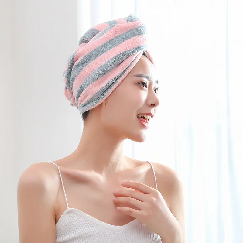 Toalla para el cabello de secado rápido a rayas, gorro para secar el cabello para mujer, gorro de toalla de color coral, gorro de secado para el cabello con turbante de gran absorción