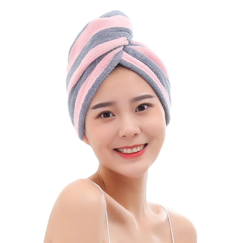 Toalla para el cabello de secado rápido a rayas, gorro para secar el cabello para mujer, gorro de toalla de color coral, gorro de secado para el cabello con turbante de gran absorción