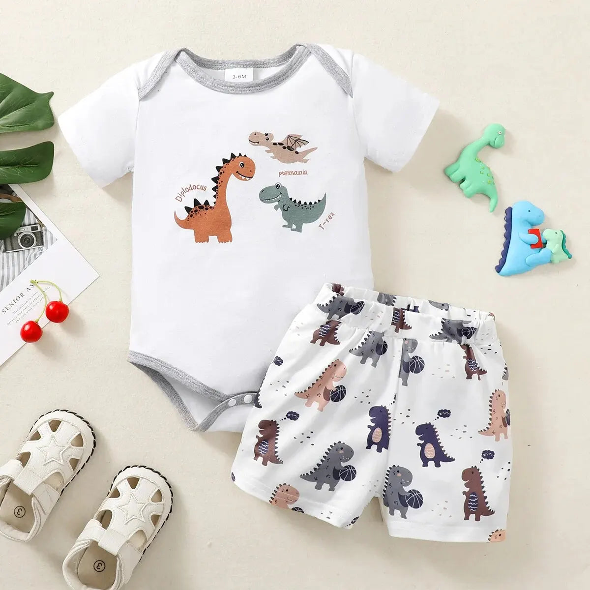 Summer 0-1 Year Olds Cool Boy Outfits Dinosaur Short Sleeve Tops Pants 2pcs Summer Tracksuit Fashion Clothing Leedoar