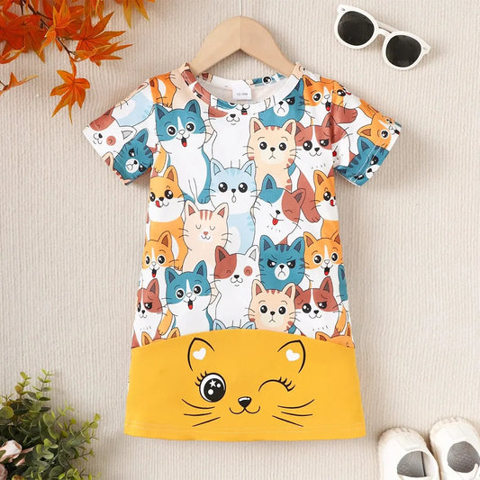 Vestido con estampado de gatitos de manga corta para niñas de 1 a 5 años de verano 