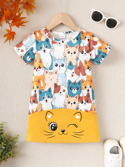 Summer 1-5 Years Old Baby Girls Cute Short-sleeved Kitten Print Dress Leedoar