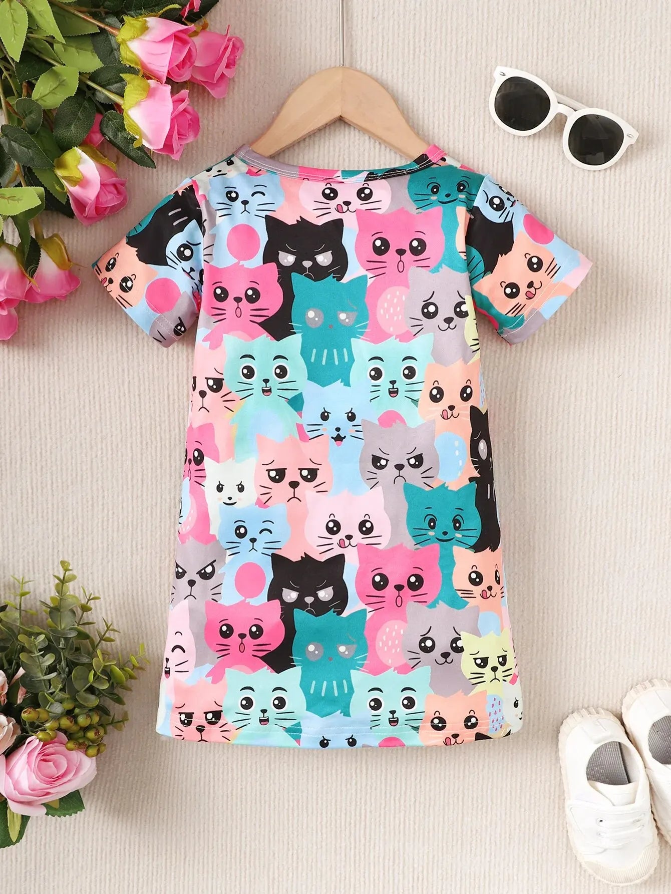 Summer 1-5 Years Old Baby Girls Cute Short-sleeved Kitten Print Dress Leedoar