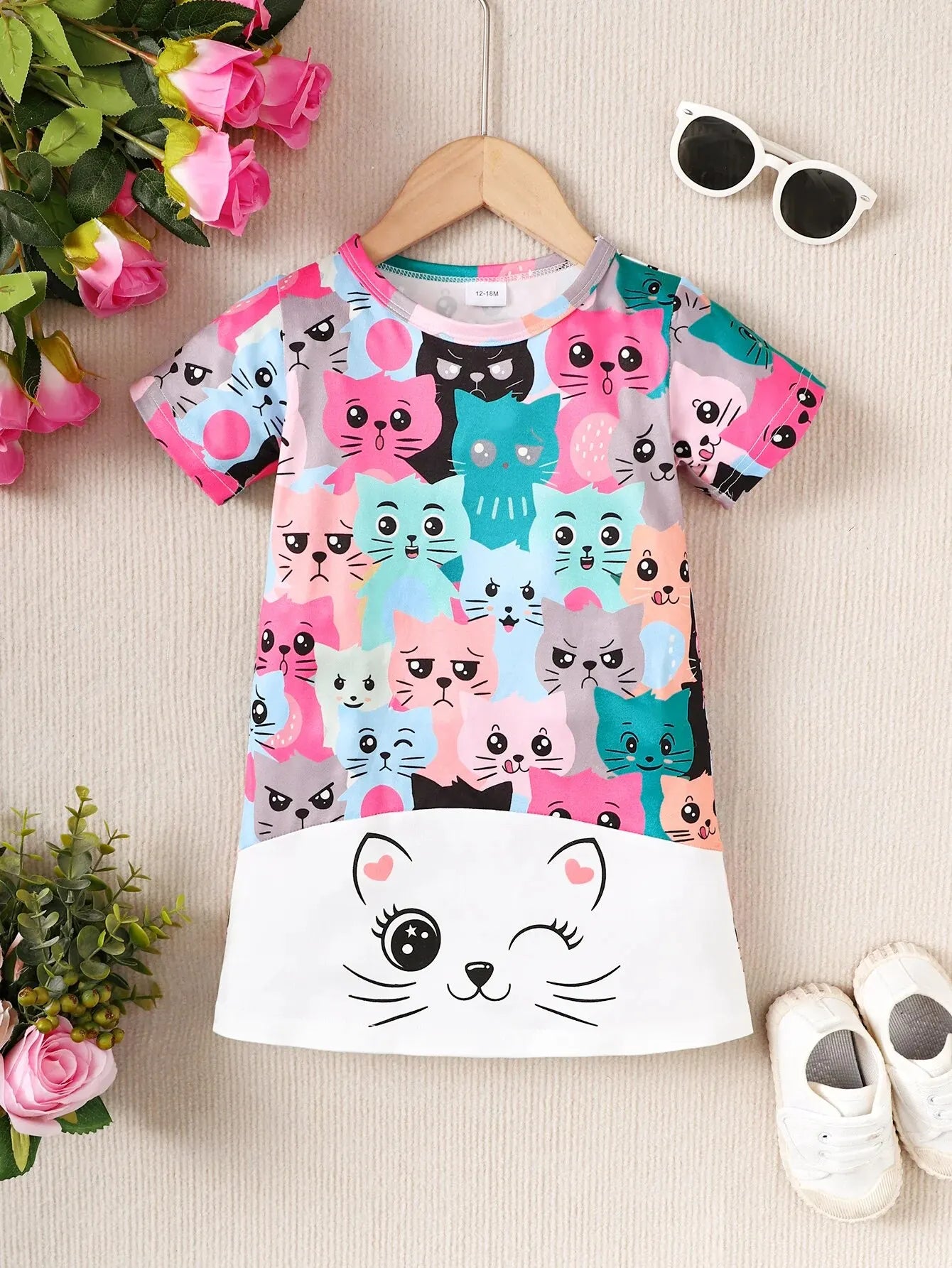 Summer 1-5 Years Old Baby Girls Cute Short-sleeved Kitten Print Dress Leedoar