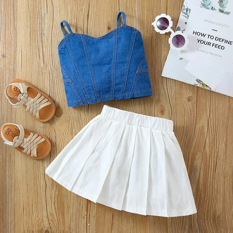 Summer 1-6 Years Old Girls Fashion Denim Suspender Top+Solid Color Versatile Half Body Jk Uniform Pleated Skirt Leedoar