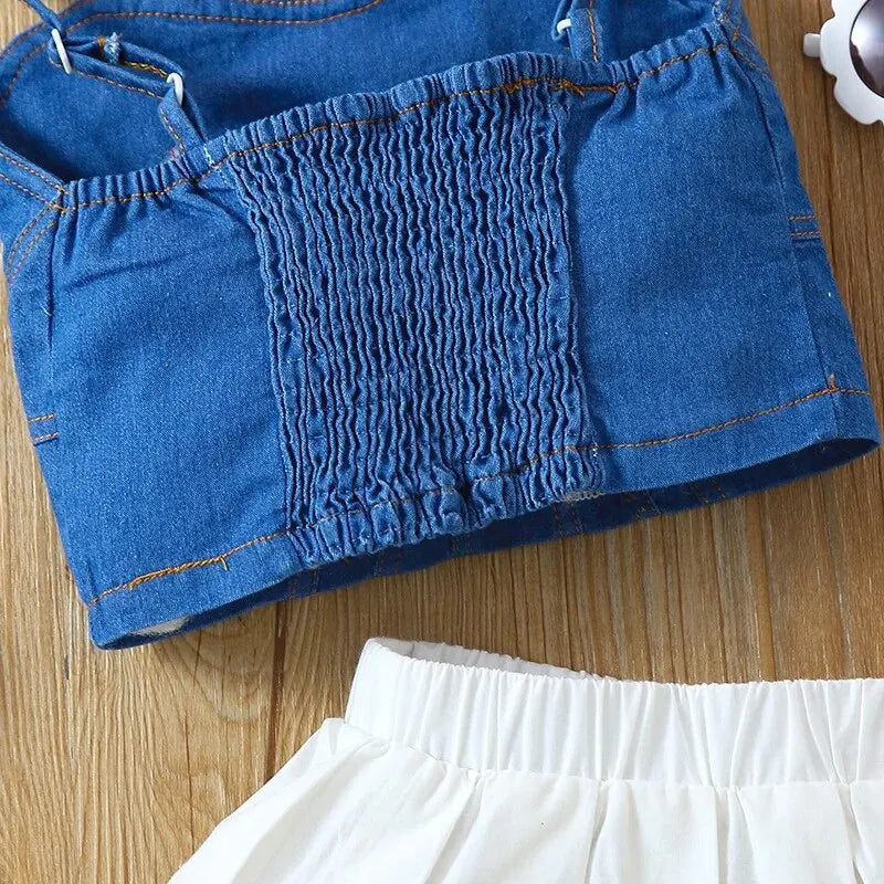 Summer 1-6 Years Old Girls Fashion Denim Suspender Top+Solid Color Versatile Half Body Jk Uniform Pleated Skirt Leedoar