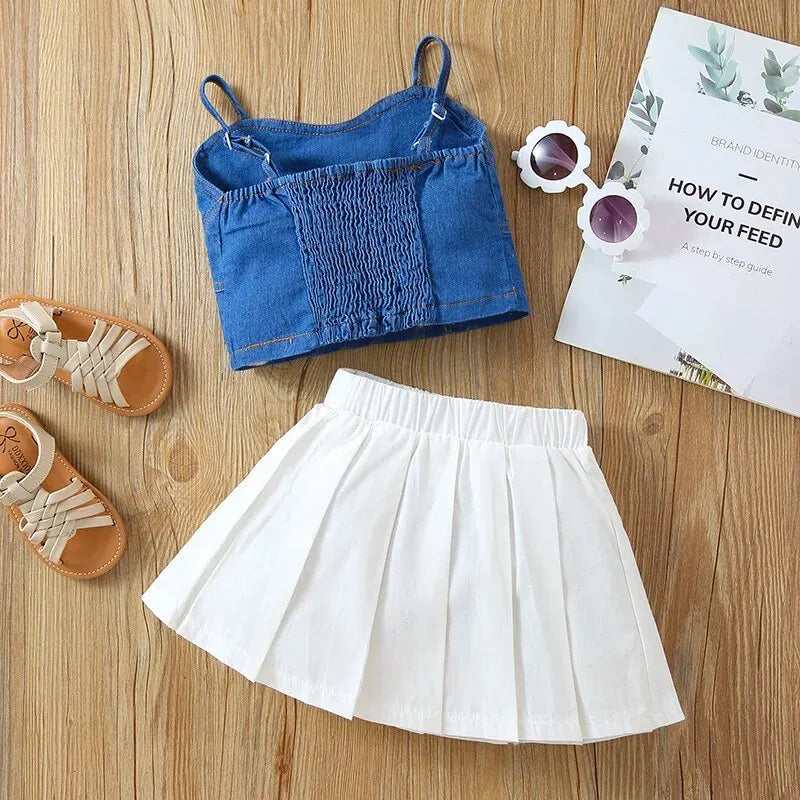 Summer 1-6 Years Old Girls Fashion Denim Suspender Top+Solid Color Versatile Half Body Jk Uniform Pleated Skirt Leedoar