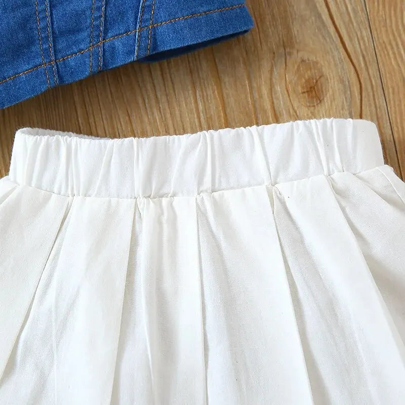 Summer 1-6 Years Old Girls Fashion Denim Suspender Top+Solid Color Versatile Half Body Jk Uniform Pleated Skirt Leedoar