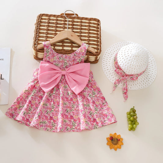 Summer 2-Piece Baby Dress+Sun Hat Bow Strap Floral Baby Girl Dress Soft And Comfortable Children'S Clothing Leedoar