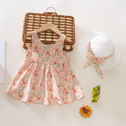 Summer 2-Piece Baby Dress+Sun Hat Bow Strap Floral Baby Girl Dress Soft And Comfortable Children'S Clothing Leedoar