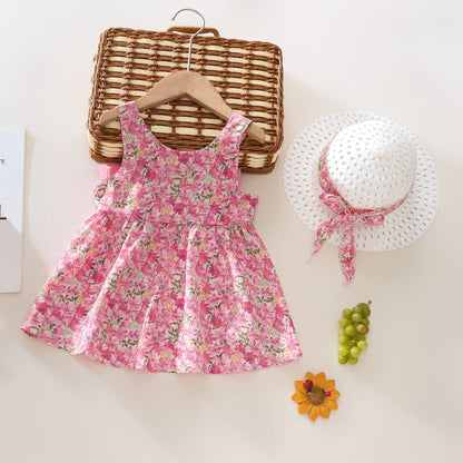 Summer 2-Piece Baby Dress+Sun Hat Bow Strap Floral Baby Girl Dress Soft And Comfortable Children'S Clothing Leedoar