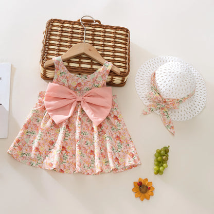 Summer 2-Piece Baby Dress+Sun Hat Bow Strap Floral Baby Girl Dress Soft And Comfortable Children'S Clothing Leedoar