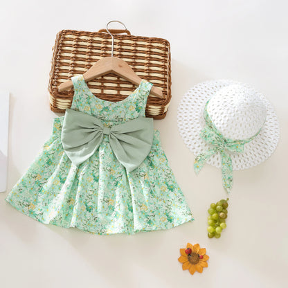 Summer 2-Piece Baby Dress+Sun Hat Bow Strap Floral Baby Girl Dress Soft And Comfortable Children'S Clothing Leedoar