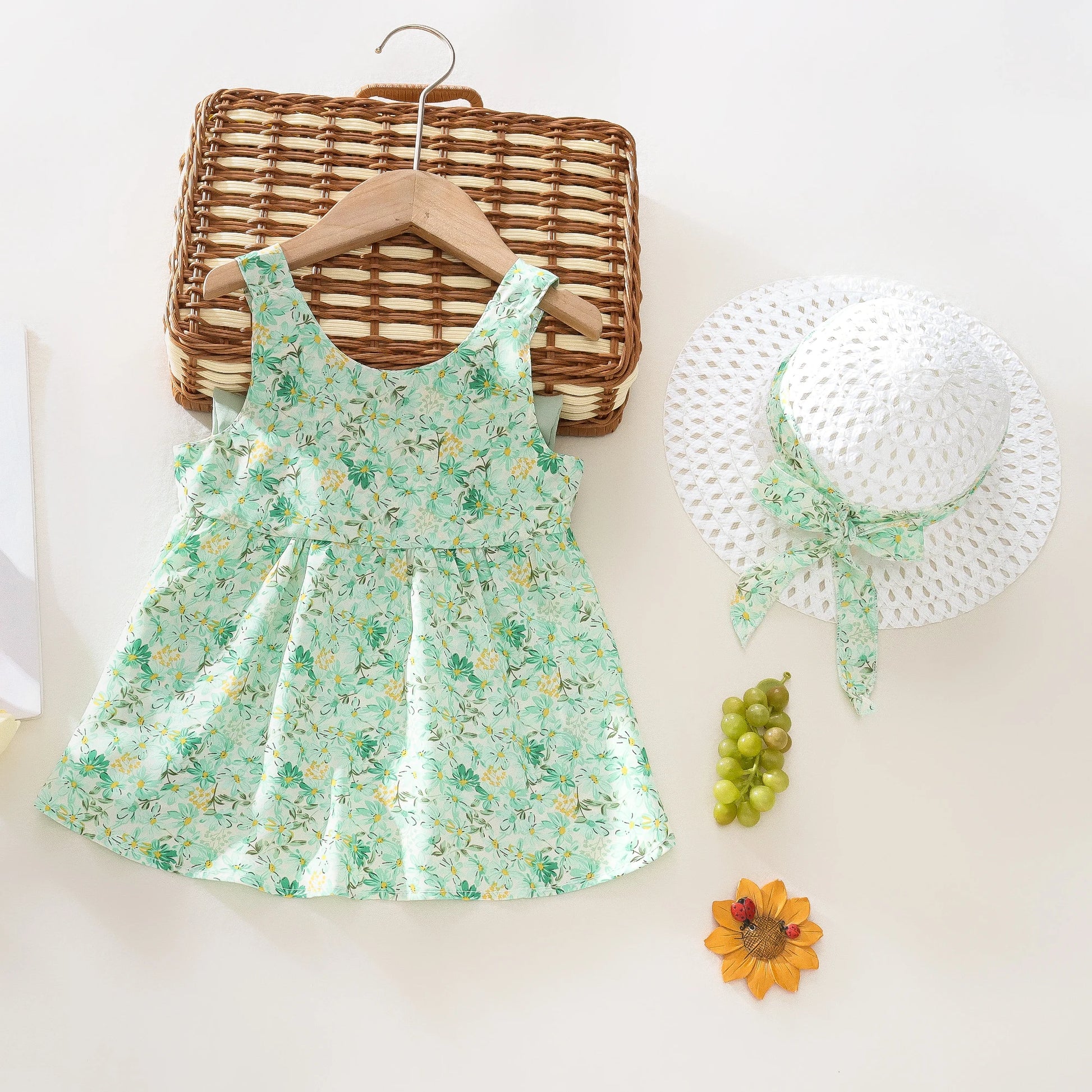 Summer 2-Piece Baby Dress+Sun Hat Bow Strap Floral Baby Girl Dress Soft And Comfortable Children'S Clothing Leedoar