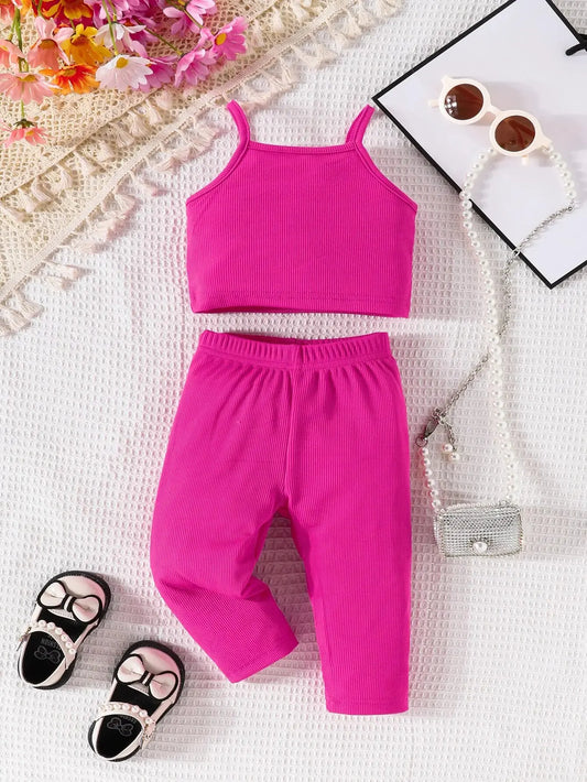 Conjunto de 2 piezas de verano para niñas pequeñas, nuevo, informal, de moda, con tirantes y pantalones de color liso, cómodo, transpirable y bonito para exteriores 