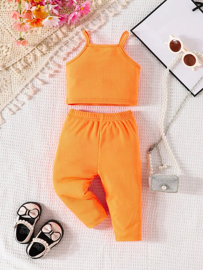 Summer 2-Piece Baby Girls New Fashion Casual Solid Color Suspenders + Trousers Comfortable Breathable Cute Outdoor Baby Set Leedoar