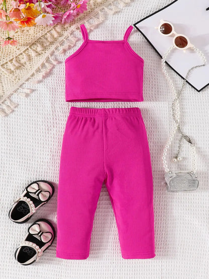 Summer 2-Piece Baby Girls New Fashion Casual Solid Color Suspenders + Trousers Comfortable Breathable Cute Outdoor Baby Set Leedoar