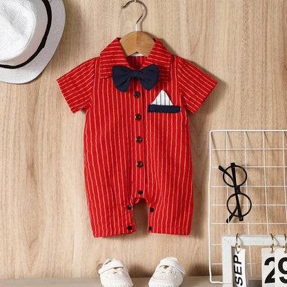 Summer Baby Boy Casual Gentleman Striped Bow Turn-Down Collar Romper Jumpsuit Leedoar