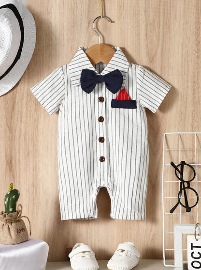 Summer Baby Boy Casual Gentleman Striped Bow Turn-Down Collar Romper Jumpsuit Leedoar