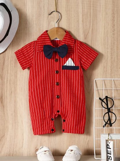 Summer Baby Boy Casual Gentleman Striped Bow Turn-Down Collar Romper Jumpsuit Leedoar