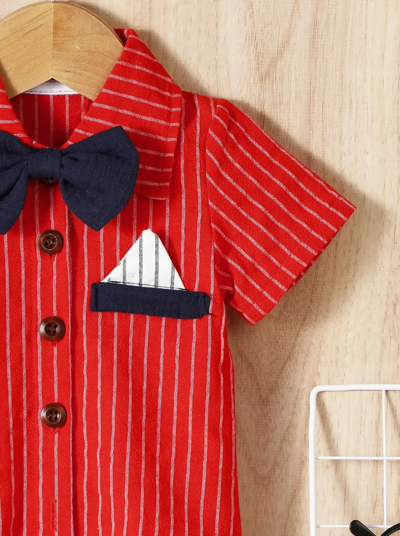 Summer Baby Boy Casual Gentleman Striped Bow Turn-Down Collar Romper Jumpsuit Leedoar