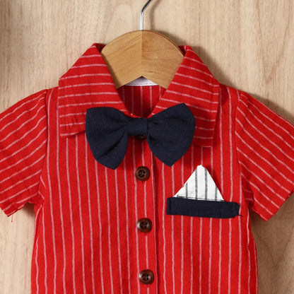 Summer Baby Boy Casual Gentleman Striped Bow Turn-Down Collar Romper Jumpsuit Leedoar