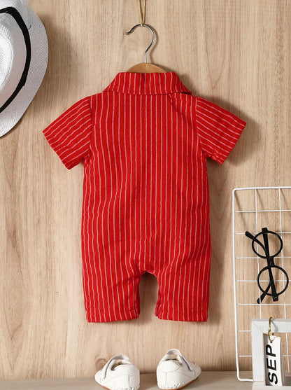 Summer Baby Boy Casual Gentleman Striped Bow Turn-Down Collar Romper Jumpsuit Leedoar