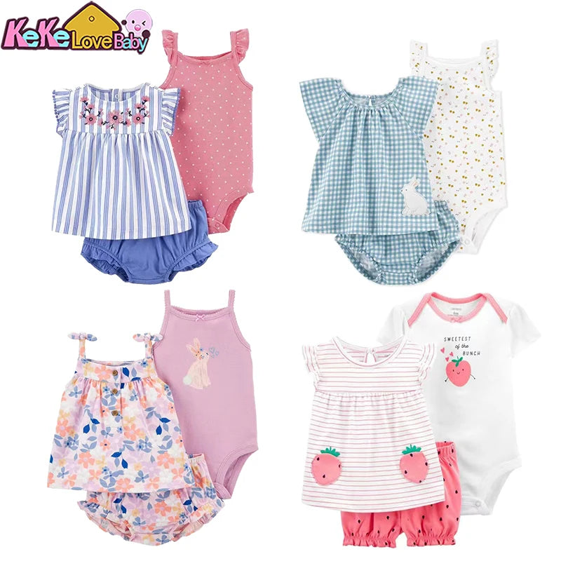 Summer Baby Girl Clothes Set Fashion Flower Infant Outfits Cotton Short Sleeved Bodysuit Shorts 3Pcs Toddler kids Clothing 6-24M Leedoar