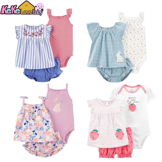 Summer Baby Girl Clothes Set Fashion Flower Infant Outfits Cotton Short Sleeved Bodysuit Shorts 3Pcs Toddler kids Clothing 6-24M Leedoar