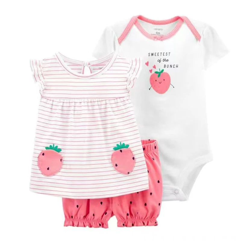 Summer Baby Girl Clothes Set Fashion Flower Infant Outfits Cotton Short Sleeved Bodysuit Shorts 3Pcs Toddler kids Clothing 6-24M Leedoar