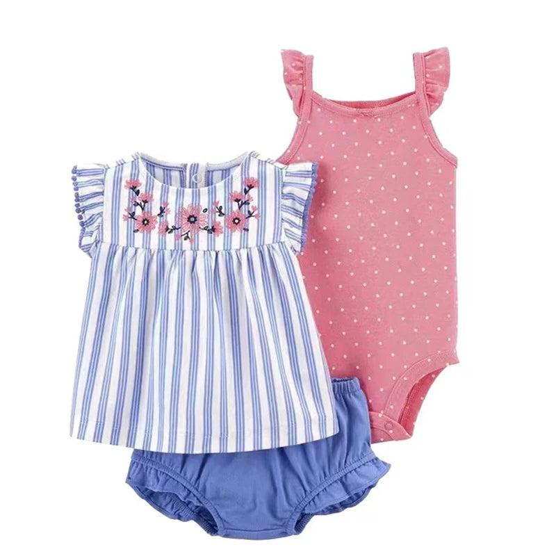 Summer Baby Girl Clothes Set Fashion Flower Infant Outfits Cotton Short Sleeved Bodysuit Shorts 3Pcs Toddler kids Clothing 6-24M Leedoar