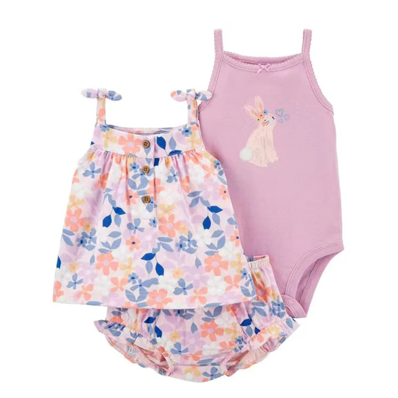 Summer Baby Girl Clothes Set Fashion Flower Infant Outfits Cotton Short Sleeved Bodysuit Shorts 3Pcs Toddler kids Clothing 6-24M Leedoar