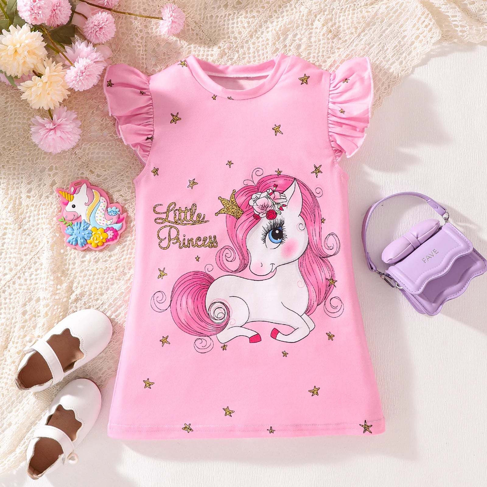 Summer Baby Girl Cute Sweet Flutter Sleeve Pink Letter Star Pony Print Dress Leedoar