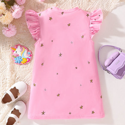 Summer Baby Girl Cute Sweet Flutter Sleeve Pink Letter Star Pony Print Dress Leedoar