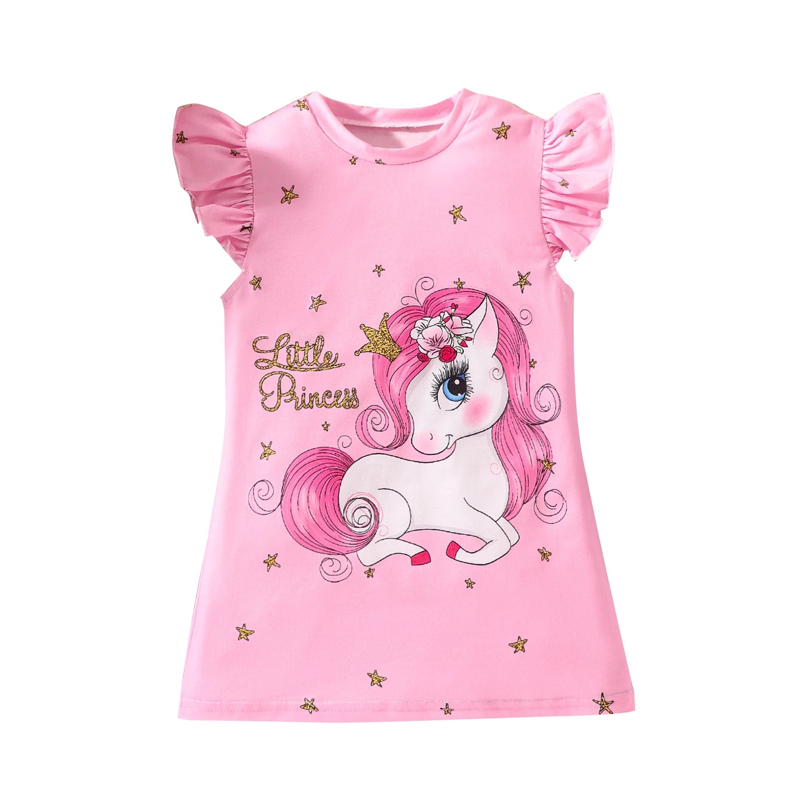 Summer Baby Girl Cute Sweet Flutter Sleeve Pink Letter Star Pony Print Dress Leedoar